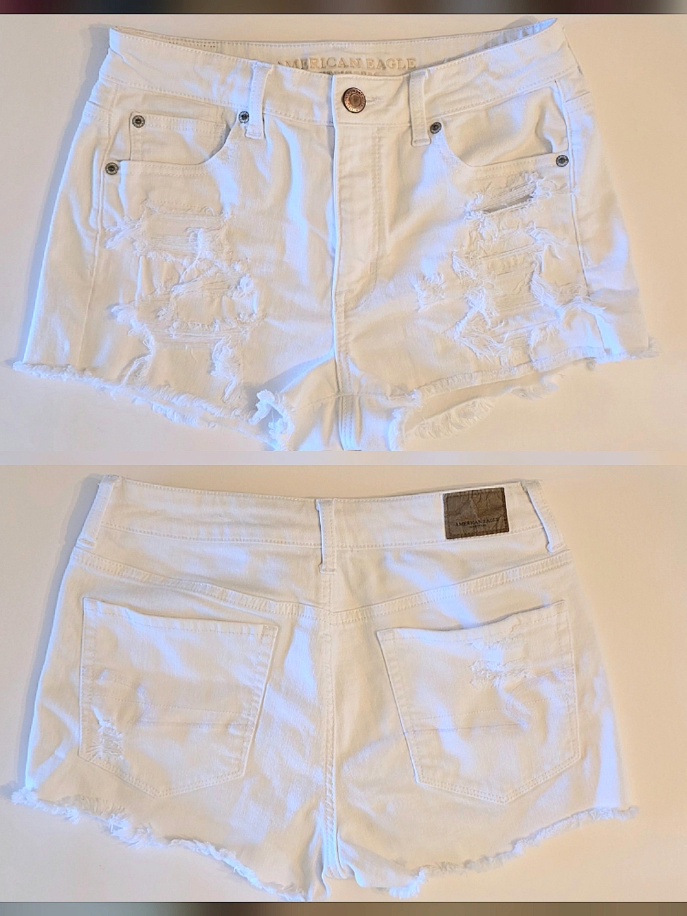 American Eagle Hi-Rise Shorty Shorts Sz 10 White Factory Destroyed Stretch EUC - Picture 6 of 6